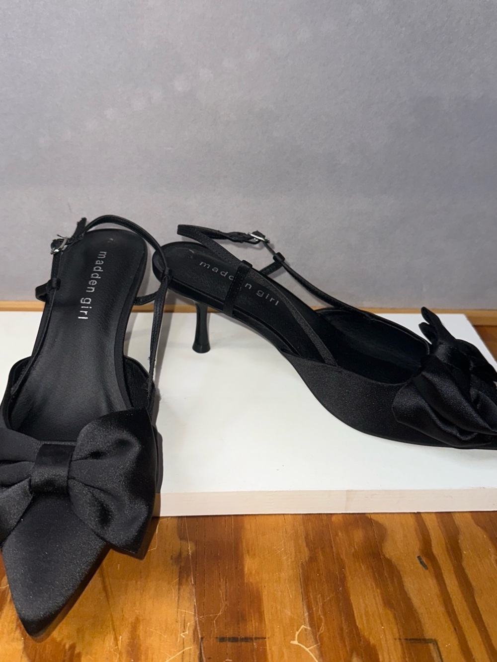 Madden Girl Black Satin Pointed-Toe Slingback Heels with Bow